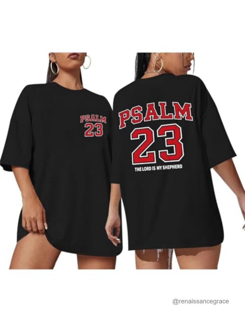 Christian Psalm 23 Women's Cotton Blend Crew Neck Tee with Red Number 23 Faith